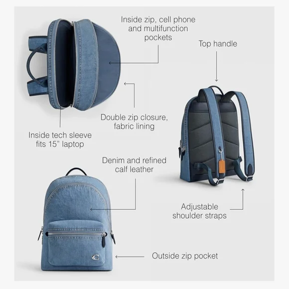 BRAND NWT! Coach Charter Backpack - Blue Denim - Picture 4 of 6